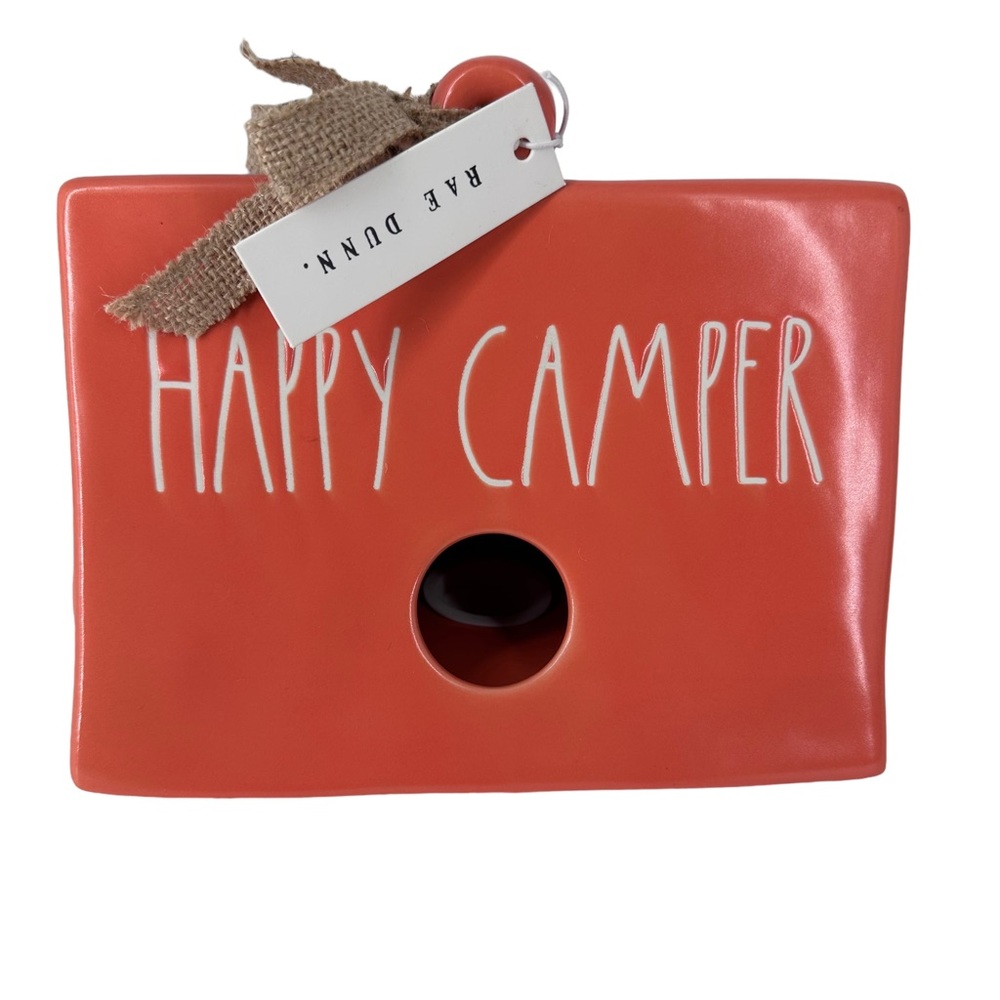 Rae Dunn Orange Ceramic HAPPY CAMPER Tent Birdhouse‎ NEW